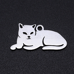 201 ciondolo gattino in acciaio inossidabile, sdraiato a forma di gatto, colore acciaio inossidabile, 9.5x19x1mm, Foro: 1.2 mm