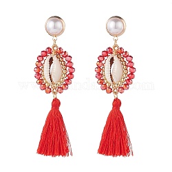 Boucles d'oreilles pendantes longues en fil de fer avec perles, coquille naturelle avec boucles d'oreilles pendantes en polyester pour femmes, or, rouge, 85mm, pin: 0.9 mm