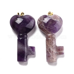 Natural Amethyst Pendants, with Golden Brass Jump Ring, Key with Heart, 43x22x10.4mm, Hole: 3.8x5mm