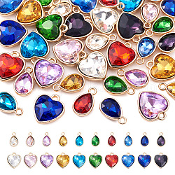 Pandahall 40Pcs 20 Styles Faceted Glass Rhinestone Pendants, with Golden Tone Zinc Alloy Findings, Teardrop & Heart Charms, Mixed Color, 15~16.5x9~14x5~6.5mm, Hole: 1.6~2mm, 2Pcs/style