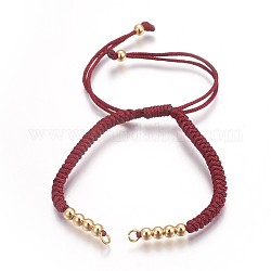 Nylon Cord Braided Bead Bracelets Making, with Brass Beads, Long-Lasting Plated, Real 24K Gold Plated, Dark Red, 10-1/4 inch(26cm)~11-5/8 inch(29.6cm)