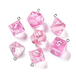 7Pcs 7 Styles Transparent Resin Polyhedral Dice Pendants Set, Multi-Sided Dice Charms with Platinum Plated Iron Loops, Mixed Shapes, Pearl Pink, 20~28x19~24x17~24mm, Hole: 2mm, 1pc/style