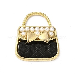 Lega di fascini dello smalto, con perle di plastica imitazione perla in abs, cadmio & nichel &piombo libero, oro, borsetta con charm bowknot, nero, 18.5x16x4.5mm, Foro: 4.5x8 mm