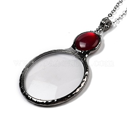 Flat Round Glass Magnifying Pendant Necklace for Women, Gunmetal, Dark Red, 22.05 inch(56cm)