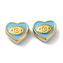 Placage ionique (ip) 304 perles en émail en acier inoxydable, véritable 18k plaqué or, coeur avec des yeux, lumière bleu ciel, 9x10x4.5mm, Trou: 1.2mm