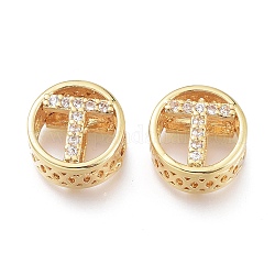 Brass Micro Pave Clear Cubic Zirconia Beads, Long-Lasting Plated, Real 24K Gold Plated, Flat Round with Initial Letter, Letter.T, 11x6mm, Hole: 3.6mm