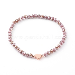 Bracelets de perles de verre rondes à facettes électrolytiques, avec des perles coeur en laiton, or rose, Prune, diamètre intérieur: 2-3/8 pouce (6 cm)