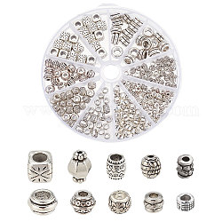 Nbeads 196pcs 10 perles en alliage de style tibétain, rondelle & tonneau & colonne & tubbish, argent antique, 5~12x3~9mm, Trou: 1~6.5mm, 20 pièces / style