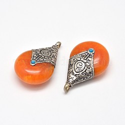 Flat Teardrop Tibetan Style Pendants, Brass Findings with Synthetic Beeswax, Antique Silver, Coral, 42x27x15mm, Hole: 4.5mm