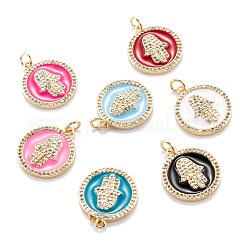 Real 18K Gold Plated Brass Micro Pave Clear Cubic Zirconia Pendants, with Enamel and Jump Ring, Long-Lasting Plated, Flat Round with Hamsa Hand, Mixed Color, 19.5x17x2.5mm, Jump Ring: 5x0.8mm, 3.4mm inner diameter