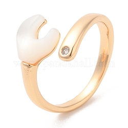 Anello a polsino aperto con chiave a conchiglia naturale con zirconi, anelli di ottone per le donne, vero placcato oro 18k, diametro interno: 18.2mm