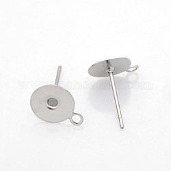 304 Stainless Steel Stud Earring Settings, Earring Posts, with Loop, Stainless Steel Color, Tray: 8mm, 10x8mm, Hole: 1mm, Pin: 0.6mm