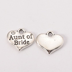 Wedding Theme Antique Silver Tone Tibetan Style Heart with Aunt of Bride Rhinestone Charms, Cadmium Free & Lead Free, Crystal, 14x16x3mm, Hole: 2mm