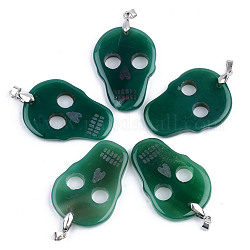 Halloween Themed Natural Agate Big Pendants, with Platinum Plated Brass Pinch Bail, Dyed, Skull, Dark Green, 50~53x35~36x5~6mm, Hole: 6.5x4mm