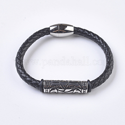 Men's Braided Leather Cord Bracelets, with 304 Stainless Steel Findings and Magnetic Clasps, Tube, Black, 7-5/8 inch(195mm)