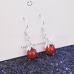Nachahmung Achat runde Perlen Ohrringe für Mädchen Frauen, Ohrringe aus Messing, rot, Platin Farbe