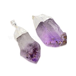 Nuggets Natural Amethyst Pendants, with Brass Silver Tone Findings, 38~45x17~19x13~15mm, Hole: 8x5mm