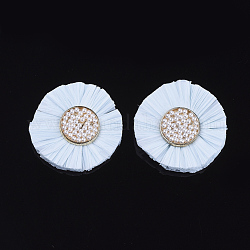 Accessoires de décoration en raphia de style bohème, avec des perles d'imitation en plastique ABS et des accessoires en alliage, plat rond, or, cyan clair, 35.5~37.5x6.5mm