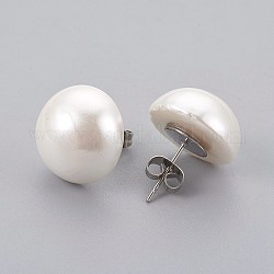 Perlas de concha perla orejeras, con 304 fornituras de acero inoxidable, plano y redondo, color acero inoxidable, 16x9mm, pin: 0.7 mm