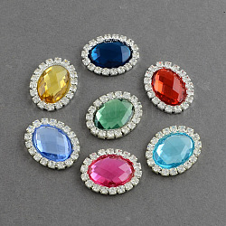 Shining Flat Back Faceted Oval Acrylic Rhinestone Cabochons, with Grade A Crystal Rhinestones and Brass Cabochon Settings, Silver Color Plated Metal Color, Mixed Color, 25x20x5mm
