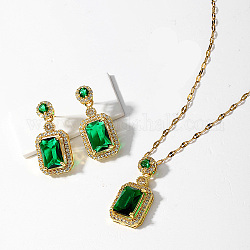 Set di gioielli da donna in ottone con micro pavé di zirconi cubici, orecchini pendenti e collane con ciondolo, rettangolo, vero placcato oro 18k, verde, 15-3/4 pollice (40 cm) e 30x15 mm