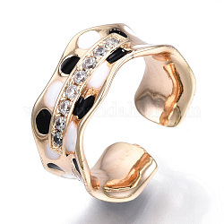 Clear Cubic Zirconia Wave Open Cuff Ring with Enamel, Brass Jewelry for Women, Cadmium Free & Nickel Free & Lead Free, Real 18K Gold Plated, US Size 6(16.5mm)