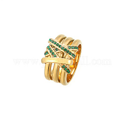 Golden Stainless Steel Rhinestone Wide Band Rings, Indicolite, US Size 7(17.3mm)