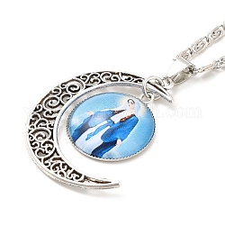 Religionsfee aus Glas mit Halskette mit Halbmondanhänger, Schmuck aus antiker Silberlegierung für Frauen, hellblau, 18.31 Zoll (46.5 cm)