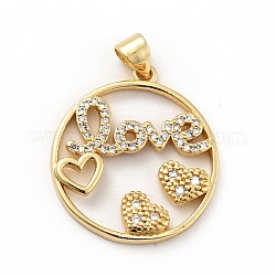 Rack Plating Brass Micro Pave Clear Cubic Zirconia Pendants, Long-Lasting Plated, Lead Free & Cadmium Free, Round Ring with Heart and Word Love, Real 18K Gold Plated, 24x22x3mm, Hole: 3.5x4mm