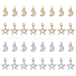 PandaHall 16pcs Cubic Zirconia Charms 4 Styles Moon Star Pendant Golden Platinum 18K Gold Plated Pendant with Jump Ring for Women Earring Bracelet Necklace DIY Jewelry Gift, 12~14mm Long
