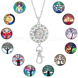 SUNNYCLUE 1 Box 12 Styles ID Badge Lanyards Tree of Life Snap Button Lanyard Necklace Breakaway Women Teacher Fancy Rhinestone Lanyard Interchangeable Stainless Steel Necklace Chain for Badge Holders