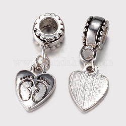 Fascini pendenti europei in lega, Ciondoli di grandi dimensioni, cuore con impronta, argento antico, 9x5.5mm, Foro: 5 mm