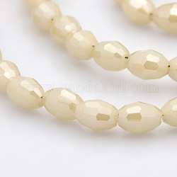Pearl Luster Plated Imitation Jade Glass Faceted Rice Beads Strands, Pale Goldenrod, 6x4mm, Hole: 1mm, about 72pcs/strand, 16 inch