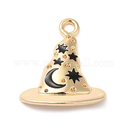 ハロウィンテーマの合金ペンダント  エナメル  月と星のチャーム付き帽子  ゴールドカラー  ブラック  21x17.5x2mm  穴：2mm