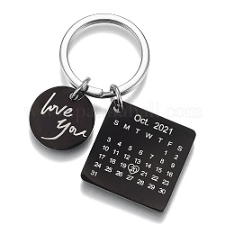 Porte-clés en acier inoxydable avec date de calendrier gravée, carré et rond plat avec le mot t'aime, électrophorèse couleur noir et acier inoxydable, 60mm