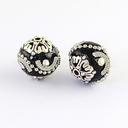 Round Handmade Indonesia Beads, with Rhinestones and Alloy Cores, Antique Silver, Black, 16~17x16~17mm, Hole: 1.5mm