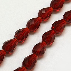 Filo di perline in vetro, sfaccettato, goccia, rosso scuro, 8x6mm, Foro: 1 mm, circa 66~68pcs/filo, 22 pollice