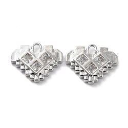 Rack Plating Brass Micro Pave Cubic Zirconia Pendants, Heart Charm, Real Platinum Plated, 11.5x14x2.5mm, Hole: 1.5mm