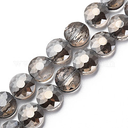 Electroplate Transparent Glass Beads Strands, Faceted, Flat Round, Gray, 10x6mm, Hole: 0.9mm, about 70pcs/strand, 27.95 inch(71cm)