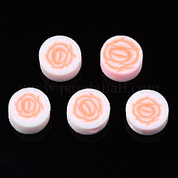 Handmade Polymer Clay Beads, for DIY Jewelry Crafts Supplies, Flat Round with Flower, Light Salmon, 9~9.5x4~4.5mm, Hole: 1.8mm