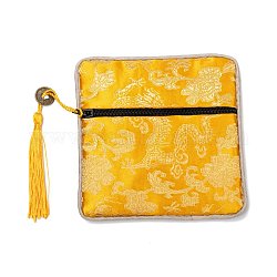 Pochette cadeau de sac de bijoux de fermeture éclair de gland de brocart chinois, carré avec motif de fleurs, or, 11.5~11.8x11.5~11.8x0.4~0.5 cm