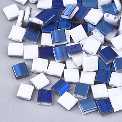 Opake Glasperlen galvanisieren, 2-Loch, Rechteck, in Blau Plattiert, weiß, 5x4.5~5.5x2~2.5 mm, Bohrung: 0.5~0.8 mm