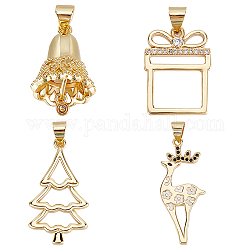 CREATCABIN 8Pcs 4 Style Christmas Theme Brass Micro Pave Clear Cubic Zirconia Pendants, Long-Lasting Plated, Bell & Gift Box & Sika Deer & Tree Charm, Real 18K Gold Plated, 19~31x12.5~15x1.7~13mm, Hole: 3.3x5mm, 2pcs/style