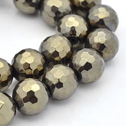 Chapelets de perles rondes en hématite synthétique sans magnétique, l'imitation de la pyrite, facette, antique bronze plaqué, 10mm, Trou: 1mm, Environ 40 pcs/chapelet, 16 pouce