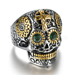 Two Tone 316 Surgical Stainless Steel Skull with Cross Finger Ring, Emerald Rhinestone Gothic Punk Jewelry for Men Women, Golden & Stainless Steel Color, US Size 9(18.9mm)