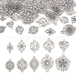 Pandahall 60 pz 10 stili fascino del connettore della lega di stile tibetano, forme miste di fiori, argento antico, 15.5~37x9.5~31x1~4.5mm, Foro: 1.4~2.5 mm, 6pcs / style