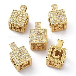 Alphabet Brass Micro Pave Clear Cubic Zirconia Pendants, Real 18K Gold Plated, Cube with Letter, Letter.C, 26x17x17mm, Hole: 5x8mm