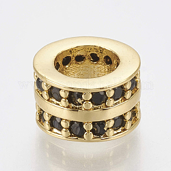 Perline zirconi micro pave  in ottone, perline con foro grande, colonna, nero, oro, 8.5x5.5mm, Foro: 5 mm