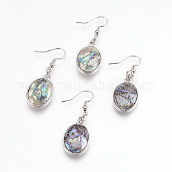 Natural Paua Shell  Dangle Earrings, with Platinum Tone Brass Findings, Oval, Colorful, 45mm, Pin: 0.7mm