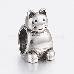 304 gattino europeo perline in acciaio inossidabile, perline con foro grande, gatto, argento antico, 12x7.5x8mm, Foro: 5 mm